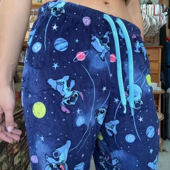Disney Lilo & Stitch Galaxy Fleece Pajama Pants Navy Blue Star Print Lounge S - Picture 2 of 6